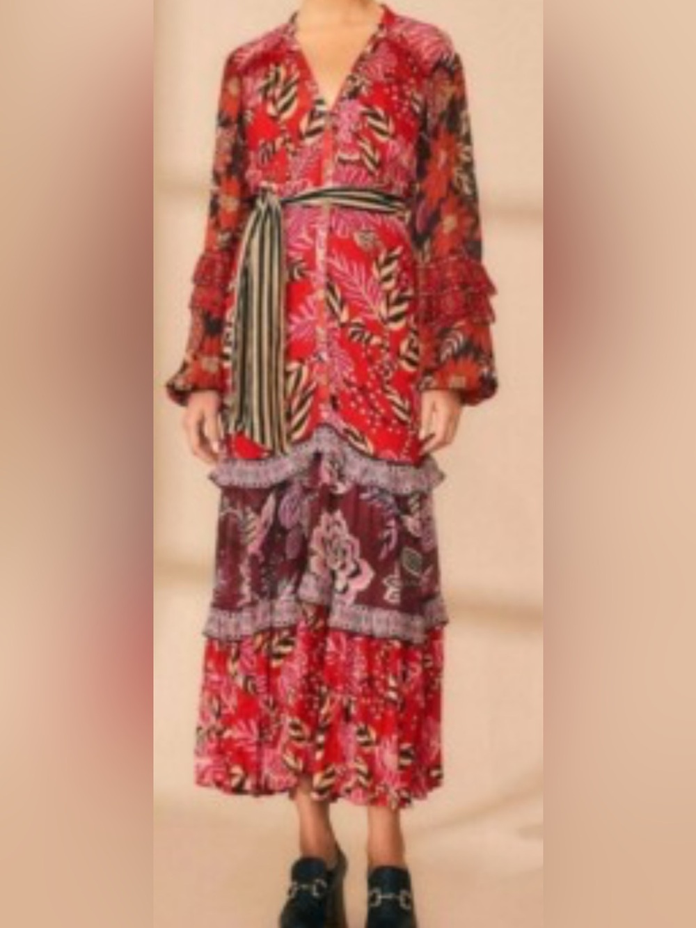 FARM Rio Red Floral Tiered Maxi with Striped Waist Tie